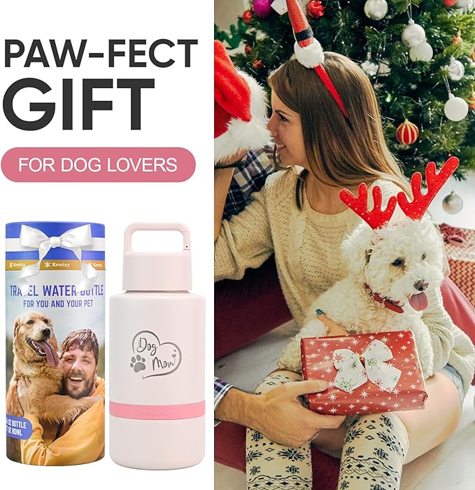 Dog Mom Gift, Insulated Dog Water Bottle with Travel Bowl, for DogLover, Portable Water Bottle Dispenser, Accessories for Car, Hiking, Camping, Outdoor, Leak-Proof, Detachable (DogMom-PalePink)