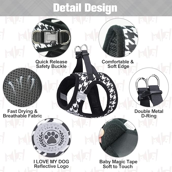 BEAUTYZOO Small Dog Harness and Leash Set,Step in No Choke No Pull Soft Mesh Dog Harnesses Reflective for Extra-Small/Small Medium Puppy Dogs and Cats, Plaid Dog Vest Harness for XS S Pets, Black XXS
