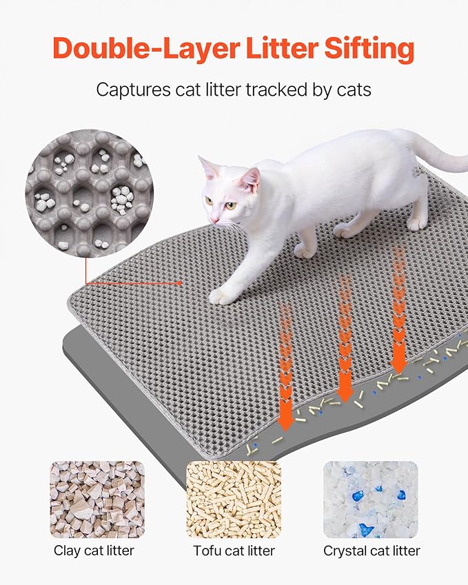 VEVOR Cat Litter Mat, 30 x 24 in, Double-Layer Litter Box Mat, Non-Slip & Urine-Proof Litter-Trapping Mats for Indoor Cats, Honeycomb Design, Soft on Paws, Washable Large Kitty Mats for Floor