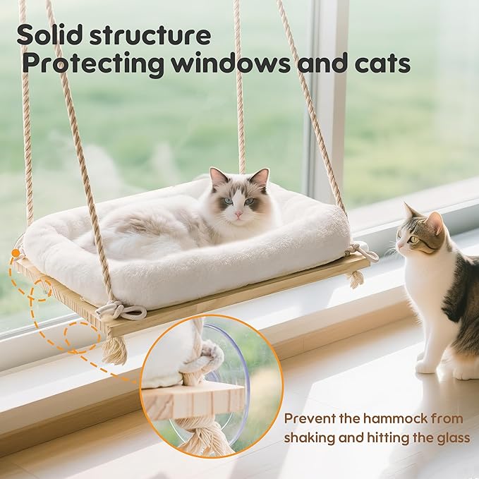 Cat Window Perch, Rustic Cat Hammock Bed with Solid Wood Seat 4 Heavy Duty Suction Cups, Plush Cushion, Indoor Pet Window Hammock for Cats for Large Cats