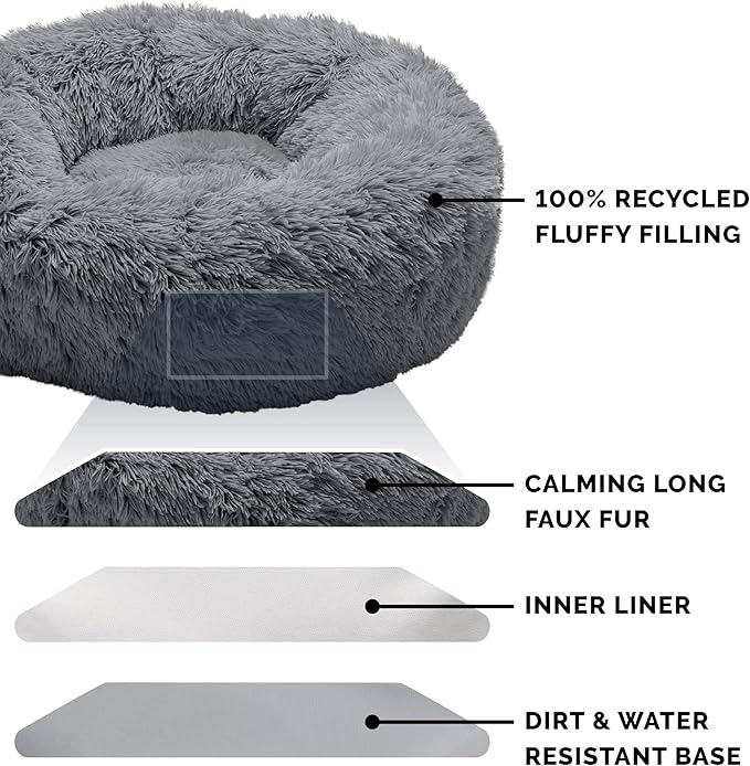 Furhaven 30" Round Calming Donut Dog Bed for Medium/Small Dogs, Refillable w/ Removable Washable Cover, For Dogs Up to 45 lbs - Shaggy Plush Long Faux Fur Donut Bed - Gray, Medium