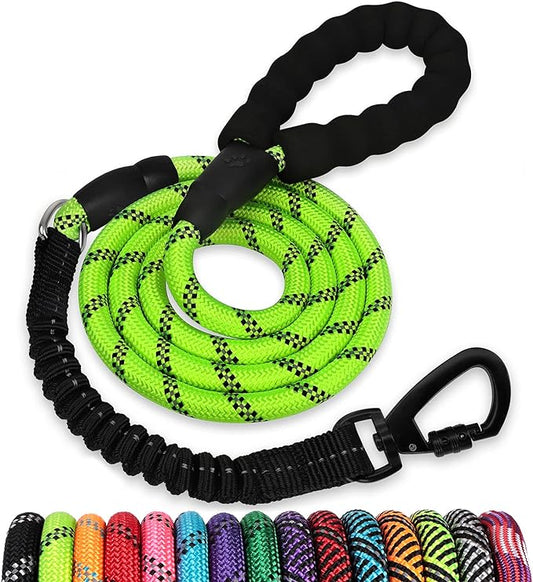 Rope Dog Leash 6 FT: Heavy Duty Leashes with Swivel Lockable Hook Reflective Threads Bungee and Padded Handle - Dog Lead for Large Small Medium Dogs Outside Walking Hiking Green