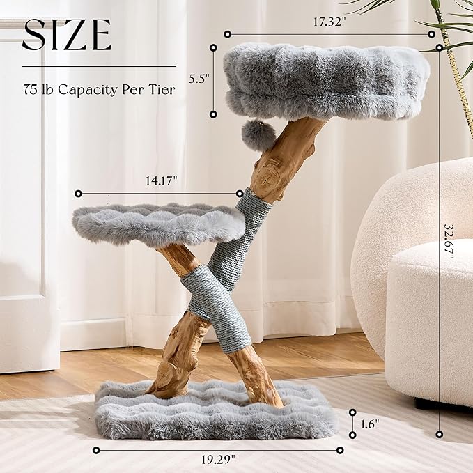 Solid Wood Cat Tree, Modern Cat Tree Tower for Large Indoor Cats, Natural Real Pear Wooden Aesthetic Cat Condo with Scratching Post for Adult Kittens-Grey