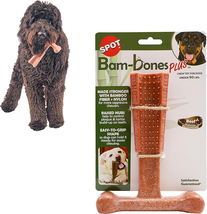 SPOT Bam-Bones Plus T Bone - Bamboo Fiber & Nylon Dog Chew Toy for Moderate to Aggressive Chewers, Non-Splintering, Long-Lasting, 7in Beef Flavor, for Adult Dogs & Teething Puppies Under 90lbs