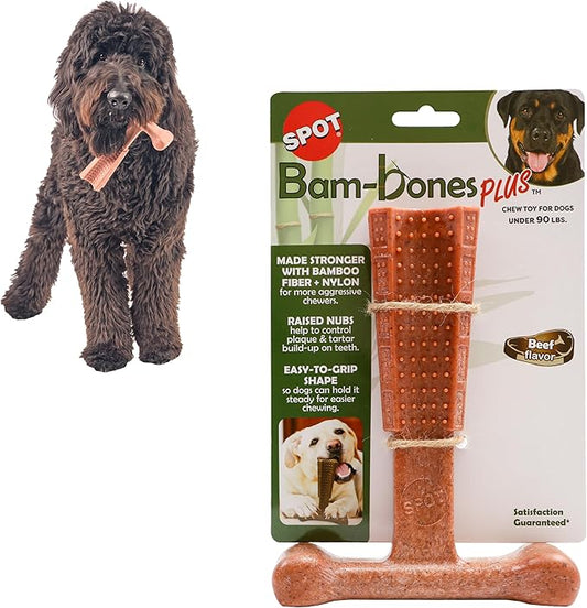 SPOT Bam-Bones Plus T Bone - Bamboo Fiber & Nylon Dog Chew Toy for Moderate to Aggressive Chewers, Non-Splintering, Long-Lasting, 7in Beef Flavor, for Adult Dogs & Teething Puppies Under 90lbs