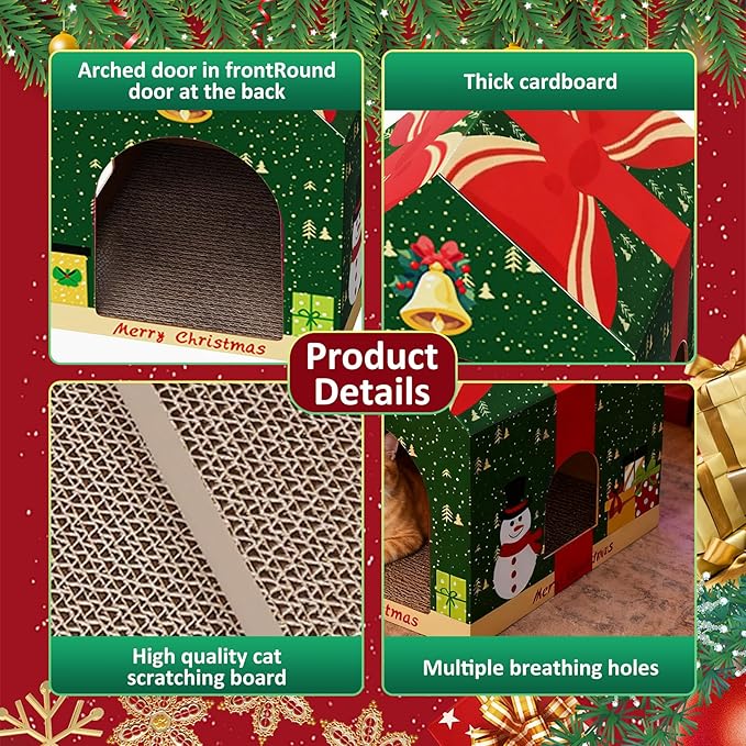 Christmas Cardboard Cat House with Scratching Pad (15"x12"x15") Christmas Decorations Scratching Pad for Kitty Cat Play House for Indoor Cats Christmas Green