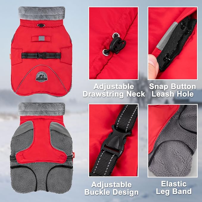 KYEESE Waterproof Dog Coat, Warm Windproof Jacket, Turtleneck Winter Dog Coats for Small Dogs with Leash Hole, Reflective Pet Clothes & Outdoor Apparel, Thick Fleece-Lined Winter Jacket, Red, Large