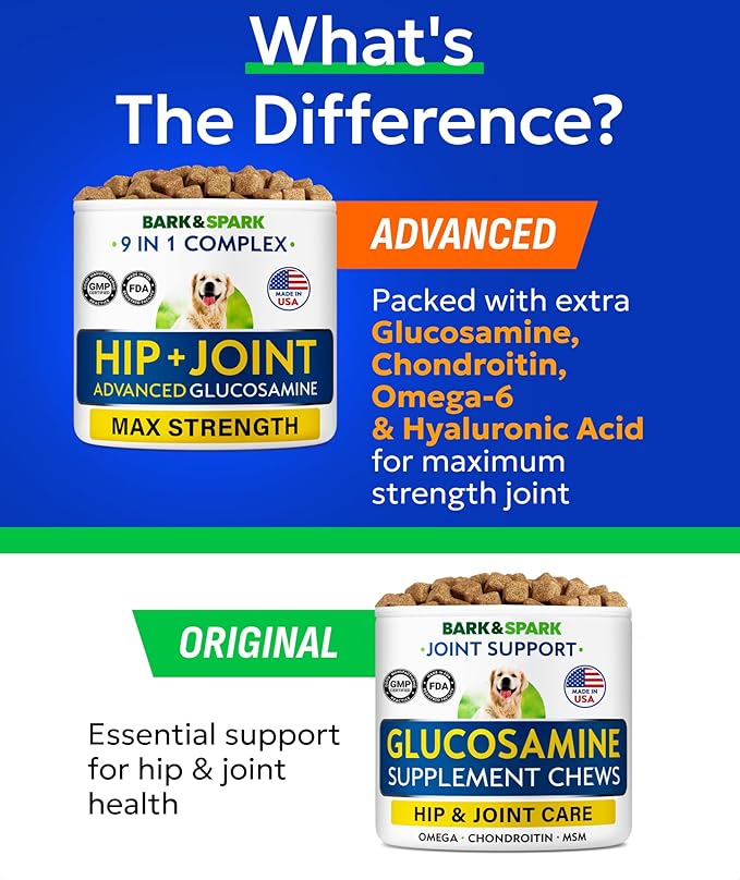 Bark&Spark Senior Advanced Glucosamine Chondroitin for Dogs - Hip Joint Pain Relief - Old Dog Joint Chews Large & Small Breed - Hip Joint Chews Joint Health Care Treats - 120Ct