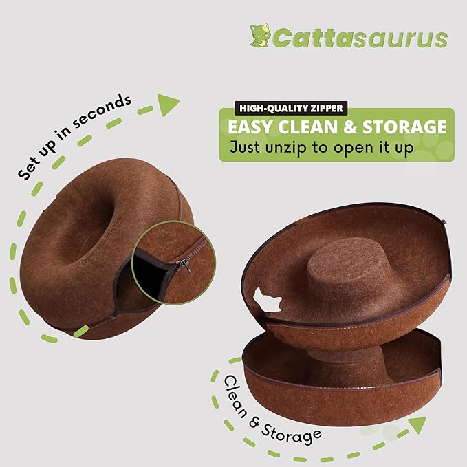 Cattasaurus Peekaboo Cat Cave Donut for Multiple & Large Cats up to 30-45 lbs, 3-in-1 Self Warming Cat Bed, Tunnel & Scratcher for Indoor Cats, Washable & Detachable Small Dog Bed (Brown, Large)