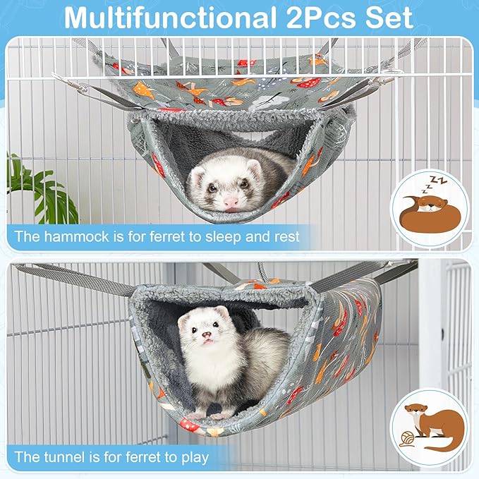 Bienbee 2 Pcs Ferret Rat Hammock Set for Cage Washable Guinea Pig Hideout Bed Soft Small Animal Hammock Tunnel Toys Ferret Cage Accessories for Hedgehog Sugar Glider Squirrel Hamster, Grey Mushroom