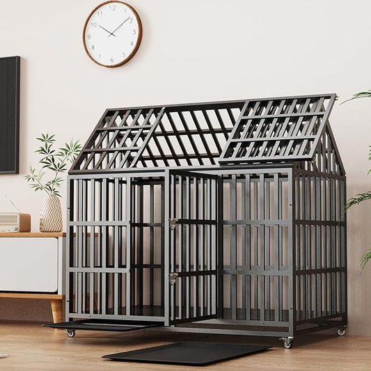 Heavy Duty Dog Crate, ACIDBOLT 52 Inch Indestructible Escape Proof XL Metal Dog Kennel Cage for Large Medium Small Dogs, Indoor High Anxiety Pet Crate with 2 Door, 4 Lockable Wheels and Removable Tray