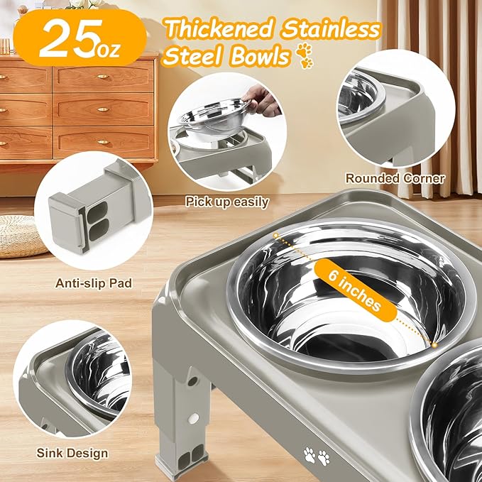Elevated Bowls for Small Dogs - 3 Height Adjustable Raised Stand With 25oz Stainless Steel Food Bowls, Anti-Slip Feeder Adjusts to 7.5", 6", 2.75", Light Brownish Gray