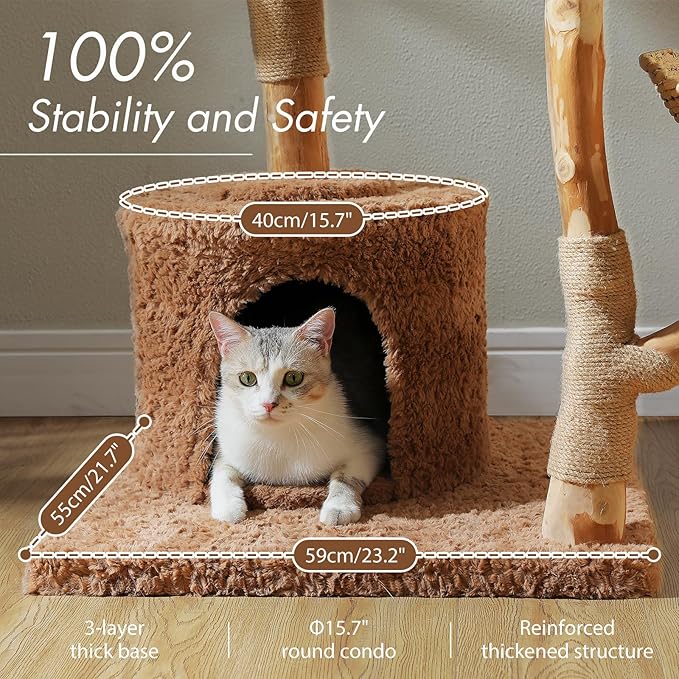 PAWZ Road Cat Tree for Indoor Cats Large Adults, 59 Inches Modern Cat Tower with 3 Large Baskets, Natural Solid Wood, Luxury Condo and Hammock, Modern Furniture for Big Cats, Brown