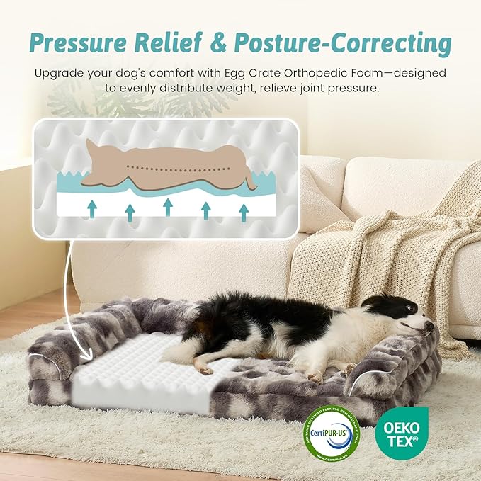 Faux Fur Orthopedic Dog Bed, Large Dog Bed, Supportive Foam Pet Sofa with Waterproof Lining Cover, Washable U-Shaped Pet Couch with Anti-Slip Bottom Design, Tie-dye Grey XL 42x30x7 inch