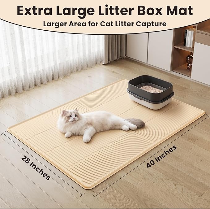 Cat Litter Mat, 40" x 28" Extra Large Silicone Litter Box Mat for Floor, Pet Trapping Litter Rug Pad, Soft Cat Paws, Easy to Clean, Waterproof/Urine-Proof, Garbage Recyclable (Khaki)