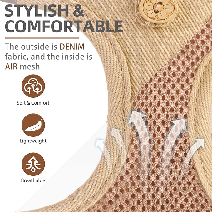 PUPTECK Dog Harness and Leash Set for Small Medium Dogs No Pull Step-in Soft Mesh Puppy Cat Vest Harnesses Reflective at Night, Denim Burlywood S