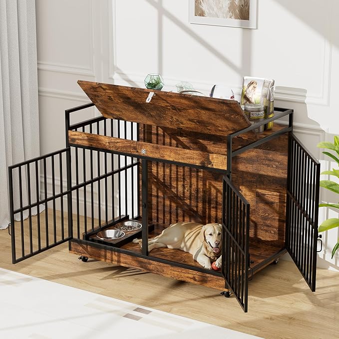 45 Inch Dog Crate Furniture for Large Dog with 2 Stainless Steel Bowls, XL Heavy Duty Dog Kennel Indoor, Large Wooden Dog Crate Table for Decorate House As TV Stand, End Table