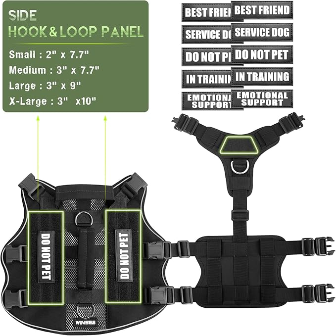 WINSEE Mesh Dog Harness with 10 Pet Patches for Medium Service Dog in Training, Breathable Tactical Molle Vest with Double Handle, Reflective Military Pet Vest for Walking Hiking