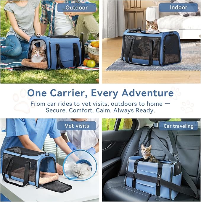PETSFIT Cat Car Carrier for Medium Cats Dogs, 19"x12"x12" Small Dog Carrier, with Patent Safety Buckles and Escape-Proof Zipper - Safeguarding Car Travel, Vet Visit, Outdoor