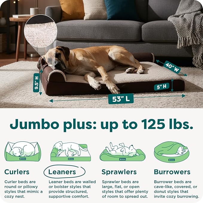 FurHaven Orthopedic Dog Bed for Large Dogs, L-Shaped Chaise Contour Mattress with Solid Orthopedic Foam Slab for Joint Support, Removable Washable Cover, Jumbo Plus XXL, Faux Fur & Suede, Espresso