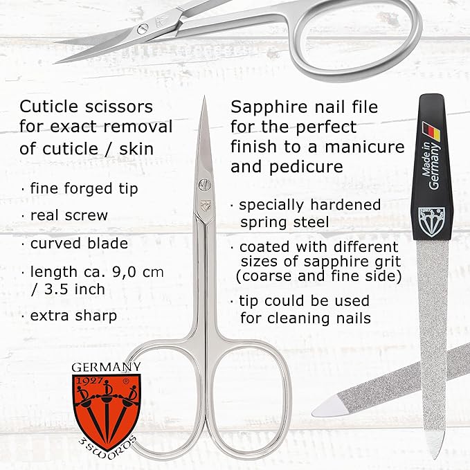 3 Swords Germany - Brand Quality 6 Piece Manicure Pedicure Grooming kit Set - Scissors, Metal and Glass Nail File, Clipper, Tweezers with Synthetic Leather case - Chequered