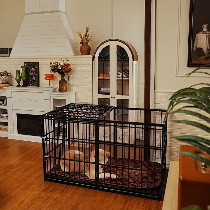 60 Inch Heavy Duty Dog Crate Cage with Cushion, Indestructible Escape Proof Large Metal Dog Kennel Furniture for Small Medium Large Dogs, Indoor High Anxiety Pets Crate with 2 Door and Removable Tray