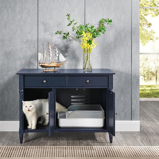 Pet Litter Box Enclosure, Hidden Litter Box Furniture with Storage Shelf, Indoor Cat House with 2 Drawers, Wooden Cat Washroom Modern Console, Pet Storage Cabinet, Fit Most of Litter Box