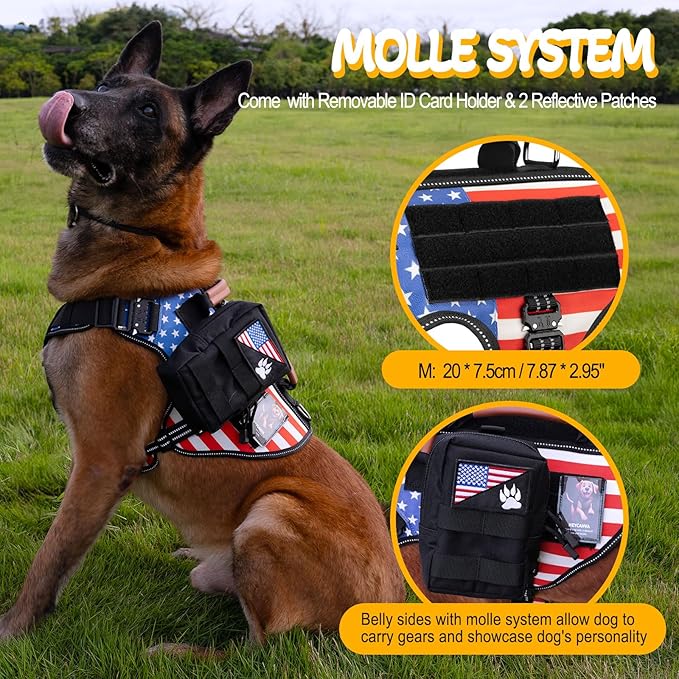 Service Dog Vest - HEYCAHVA Tactical Dog Harness Full Metal Buckles for Large Medium Dogs Reflective No Pull Dog Harnesses with Leather Handle, Hook & Loop for Hiking Training (Flag, M)