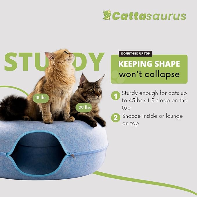 Cattasaurus Peekaboo Cat Cave Donut for Multiple & Large Cats up to 30-45 lbs, 3-in-1 Self Warming Cat Bed, Tunnel & Scratcher for Indoor Cats, Washable & Detachable Small Dog Bed (Blue, Jumbo)
