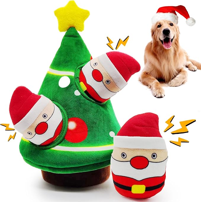 Christmas Dog Toys, Dog, Xmas Christmas Tree, Santa Claus Hide and Seek Puzzle Squeaky Plush Rope Chew Fetch Brain Stimulating Toy Presents for Small Medium Dogs