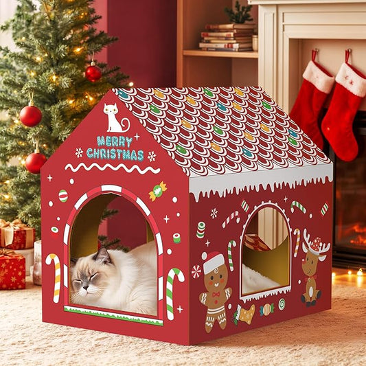 WESTERN HOME Cardboard Cat House W/Scratcher, Christmas Cat Houses for Indoor Cats (16.5''x12''x15''), Bunny&Kitten Hideaway Cats Scratching Playhouse for Christmas Decorations