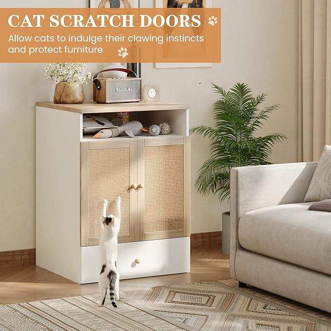 Cat Litter Box Enclosure Furniture, Indoor Wooden Cat Hidden Litter Box Furniture Cabinet with Scratching Board Doors and Feeder Bowls, 23"x17"x32"H