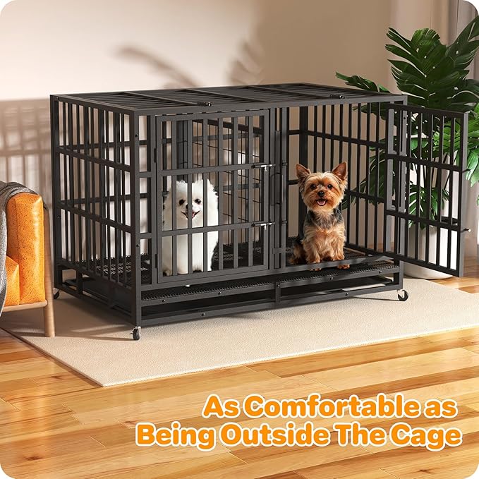 Heavy Duty Dog Crate 48 Inch, Indestructible Dog Crate with Removable Tray, Escape Proof & High Anxiety Dog Kennel Indoor, Metal Dog Cage with Wheels for Large Dogs, XL XXL XXXL