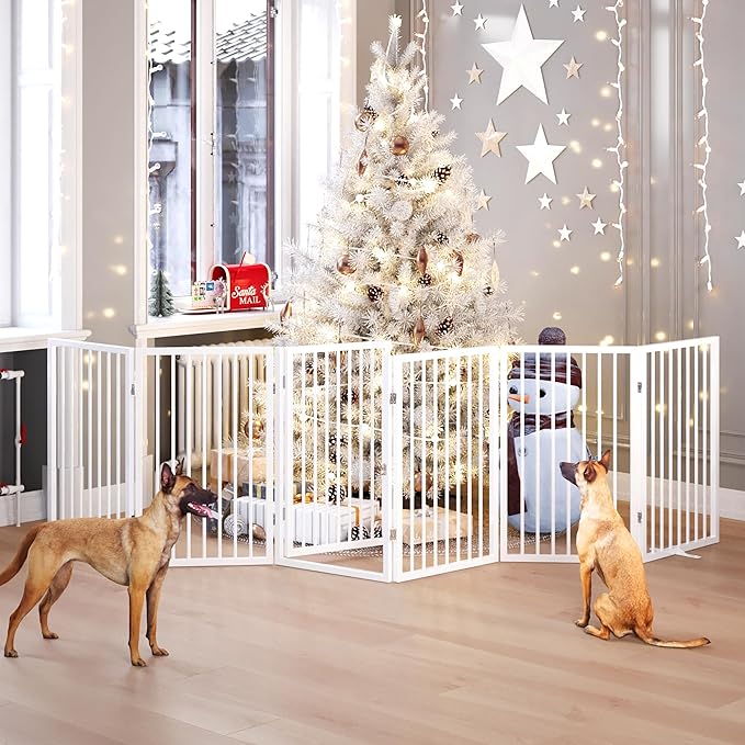 Vantas Folding No-Assembly Metal Pet Gate 120" Wide, 32" Extra Tall Dog Gate with Door Walk Through, Freestanding Accordion Puppy Gate Dog Door for Indoor & Outdoor, with 2PCS Support - White