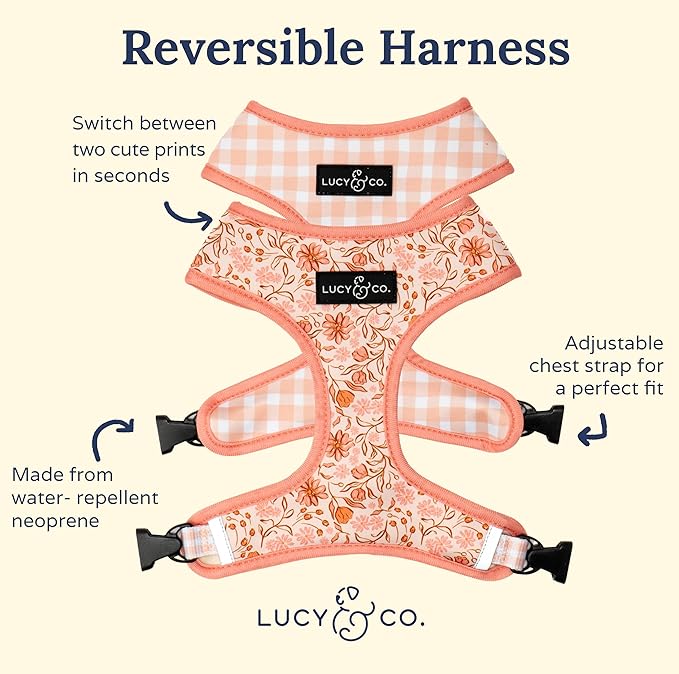 Lucy & Co. Cute Reversible Dog Harness Walking Halter - Best Designer Pet Harnesses for XS - XL Dogs - Padded Adjustable Vest for Easy Walking-XLarge-Peach Pink Floral Plaid