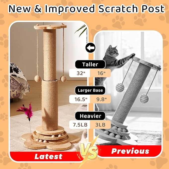 Cat Scratching Post 32" Tall Cat Scratch Post Tree Scratching Posts for Indoor Cats Adults Kitten with Wooden Interactive Ball Toy and Hanging Sisal Ball