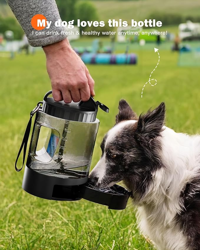 77oz Large Dog Water Bottle - Portable Travel Dog Water Dispenser & Bowl - Leak-Proof Pet Water Jug for Hiking, Camping, Walking & Car Trips, Black