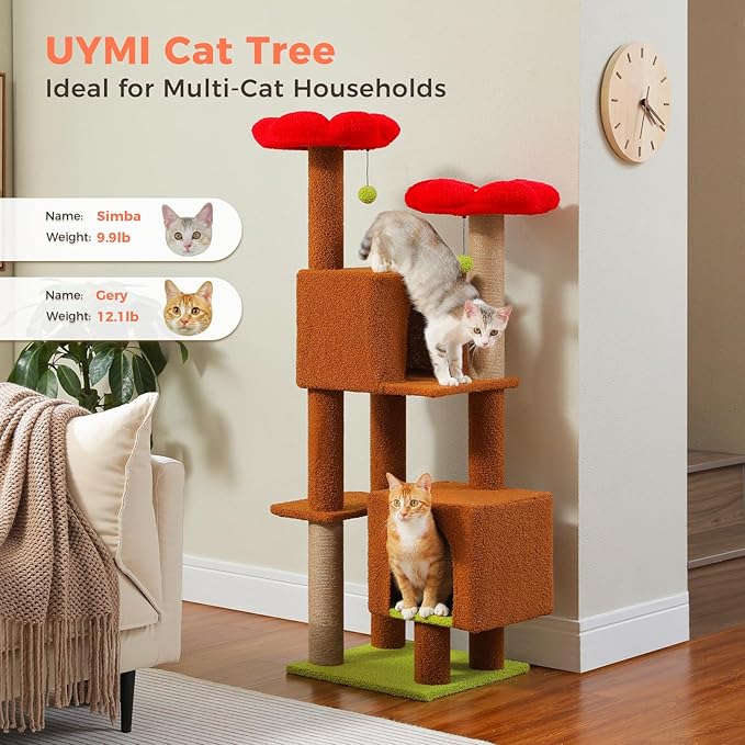 Flower Cat Tree, 52.4 Inch Multi-Level Cat Tower for Indoor Cats with Dual Top Perches, 2 Condos & Scratching Posts, Plush Cat Furniture for Kittens and Medium Cats, Brown