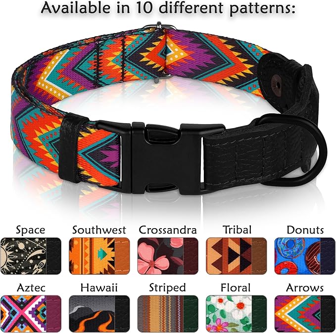 AirTag Dog Collar with Metal Buckle - Printed Nylon Soft Leather Dog Collar with Apple AirTag Holder - Secure Tracking GPS Pet Collars for Girl Boy Small Large Dogs (M, 14"-18" Neck Fit, Arrows)