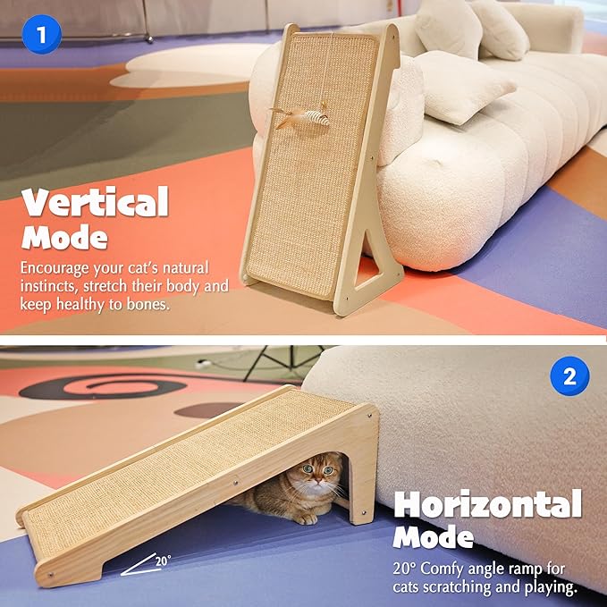 PETKARAY Cat Scratcher, Sisal Cat Scratching Ramp, L Shape Scratch Pad for Indoor Kitty, 27" Wall Furniture Protector with Mouse Toy