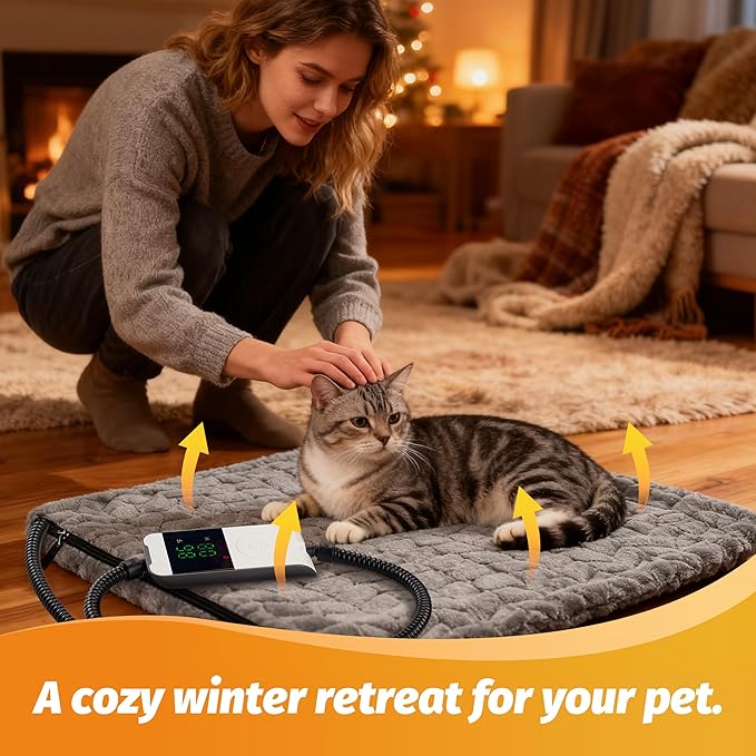 PatiencET Heated Cat Pad 18"x18" – Cat Heating Pad with 6-Temp & 5-Timer, Chew-Proof Steel Cord, Washable Warming Mat for Kittens, Small Dogs, Crate & Sofa