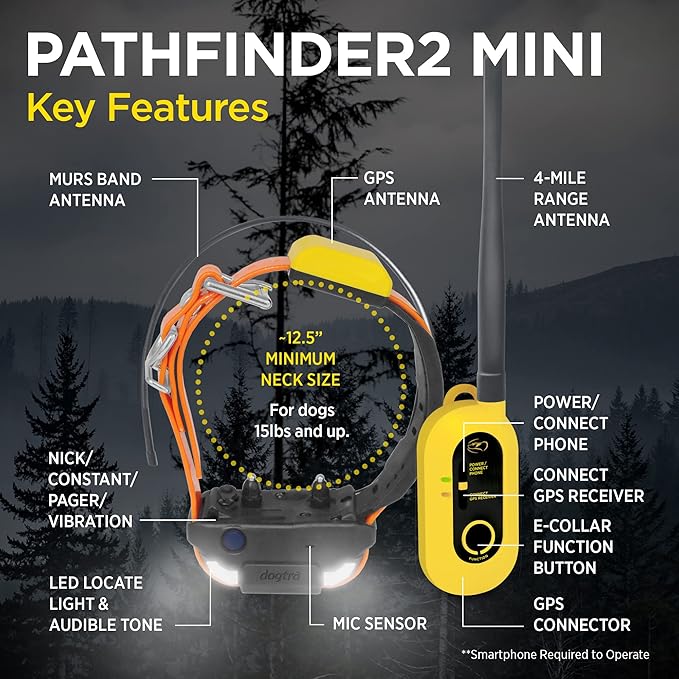 Dogtra Pathfinder2 Mini GPS Tracker e Collar + Add-on Receiver (Green) | 4 Mile, LED Light, Waterproof, Free App, No Fees, Smartwatch Control, Satellite Tracking, Multi Dogs, Smartphone Required