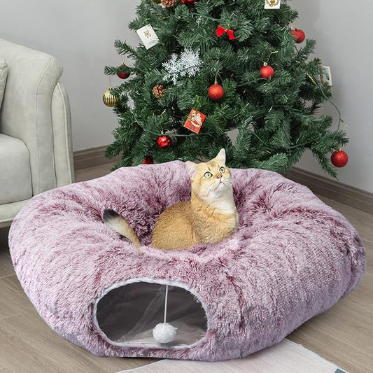 AUOON Cat Tunnel Bed for Indoor Cats - Christmas Tree Cat Tunnel, Circle Peekaboo Cat Cave with Washable Mat for Indoor Cats Kitten Kitty Puppy Rabbit Ferret (Rosiness)