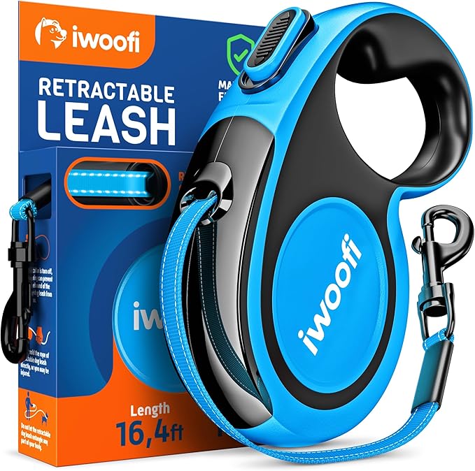 2025 New Retractable Dog Leash 16.4 ft – Heavy Duty for Dogs up to 110 lbs, Stainless Steel Spring, 360° Tangle-Free, One-Touch Lock Control, Soft Anti-Slip Handle – Strong, Durable Pet Leash (Bue)