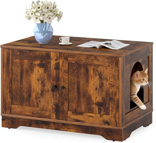 Tangkula Cat Litter Box Enclosure, Wooden Kitty Washroom Cabinet w/Winding Entry & Cat Hole, with Divider, Hidden Double Enclosed Litter Box Furniture for Living Room, Bedroom, Entryway (Rustic Brown)