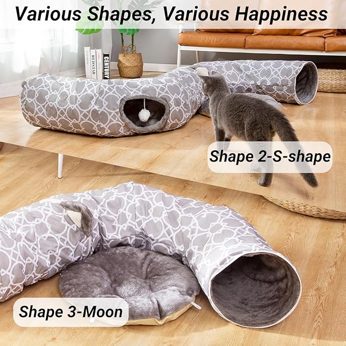 LUCKITTY Geometric Cat Tunnel Bed Under Christmas Tree Oxford Outside with Plush Inside,Cats Toys Collapsible Tunnel Tube with Balls, for Rabbits, Kittens, Ferrets,Puppy 3FT