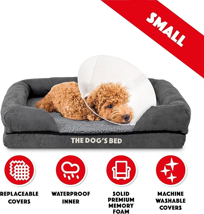 The Dog’s Bed, Small Plush Grey, Memory Foam, Pain Relief: Arthritis, Hip & Elbow Dysplasia, Post Surgery, Lameness, Supportive, Calming, Waterproof Washable Cover, Veterinary Approved