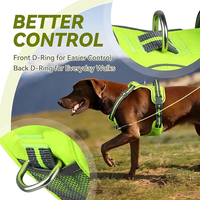 VIVAGLORY Dog Harness Easewalk No Pull Dog Harness with Handle & Front Back Clip for Training Lifting, Easy On Adjustable Padded No Pull for Pet & Puppy, L, Bright Yellow