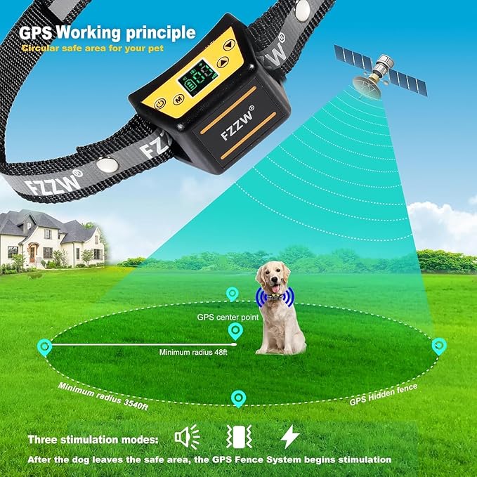 Plkm Wireless Dog Fence Pet Electric GPS Fence Containment System, Adjustable Control Range Warning Strength, Wireless Charging Wireless GPS Dog Fence, Fully Sealed Waterproof Collar Receiver