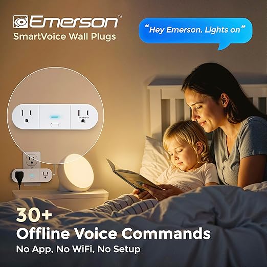 Emerson SmartVoice 2-in-1 Dual Wall Plug, Offline 30+ Voice Control Commands - No APP, No WiFi, No Setup, Smart Outlet Extender for Home and Office, Sleep & Wake Timer, ETL Listed